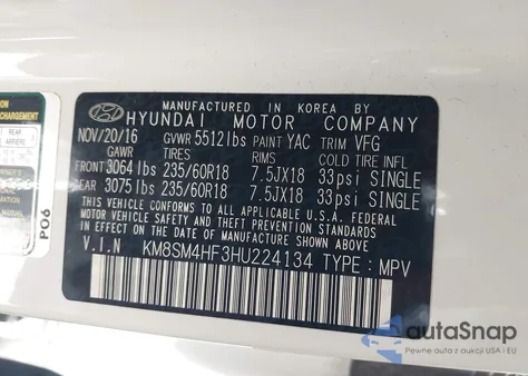 2017 Hyundai Santa Fe Se from USA, damaged, VIN KM8SM4HF3HU224134